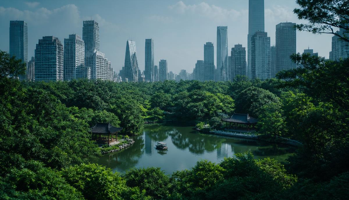 Lush green forest park surrounded by modern city skyscrapers
