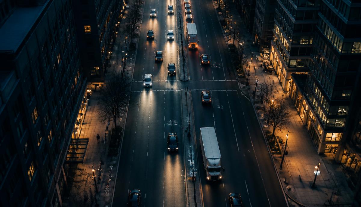 Aerial view of busy city traffic and delivery trucks on urban streets